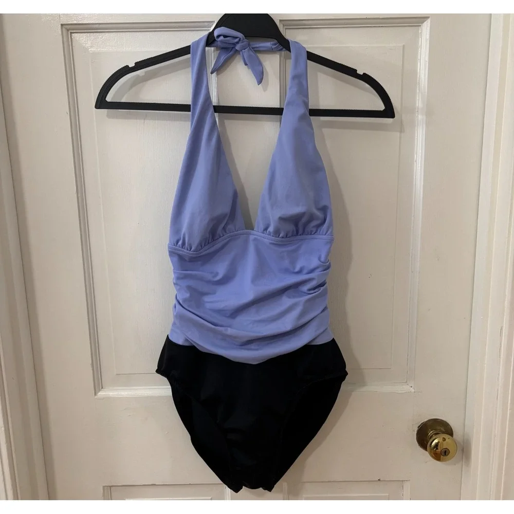 Miraclesuit Colorblock Unpadded Halter‎ Plunge Ruched One Piece Swimsuit Sz 12
